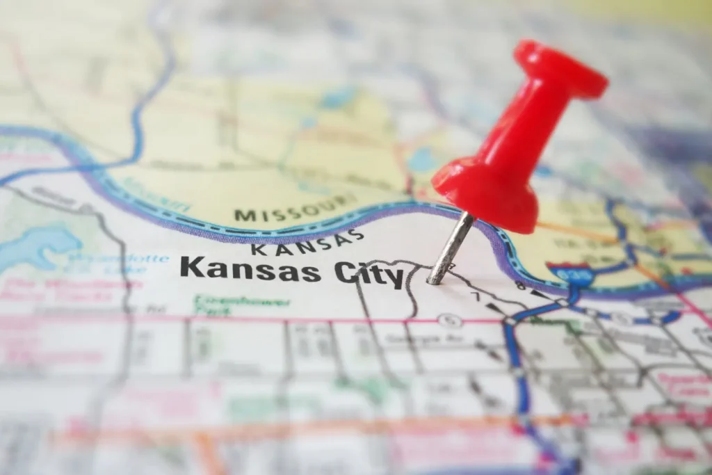 kansas city map with a pin to indicate location of kansas city 